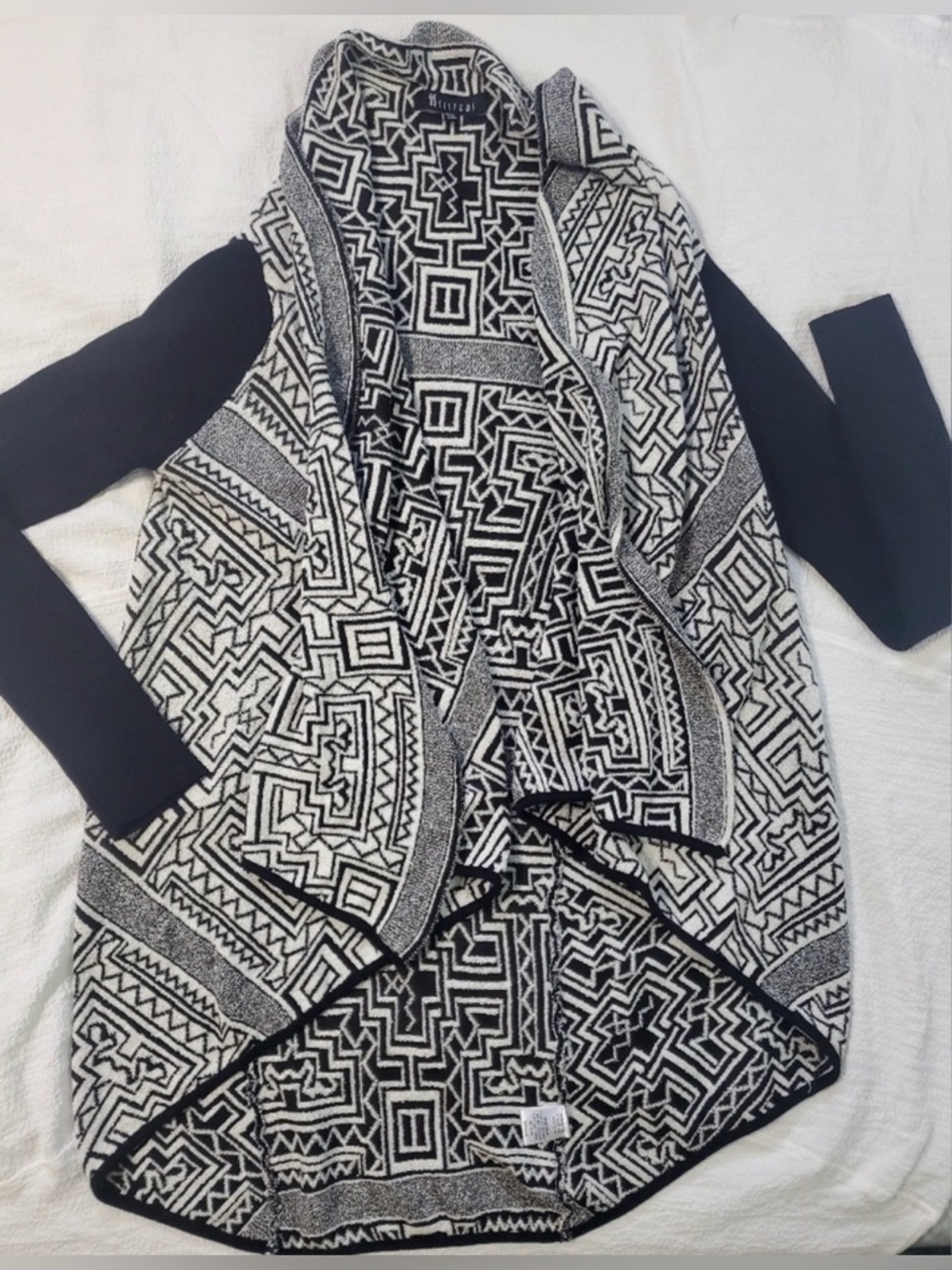 Sisters- Woman’s Black & White Aztec Cardigan Open Front Asymmetrical- M
